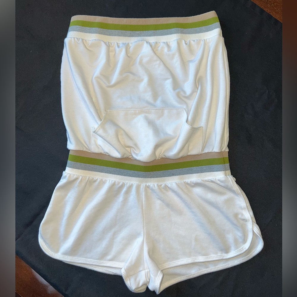 Green, gray, and tan striped strapless romper, with pocket on front! Size large